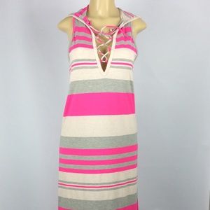 Tea N Rose Pink Striped Hooded Lace Up Maxi Dress